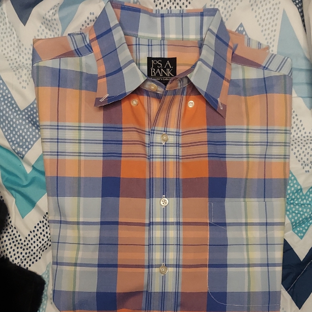Jos. A. Bank Men's Blue and Orange Plaid Shirt